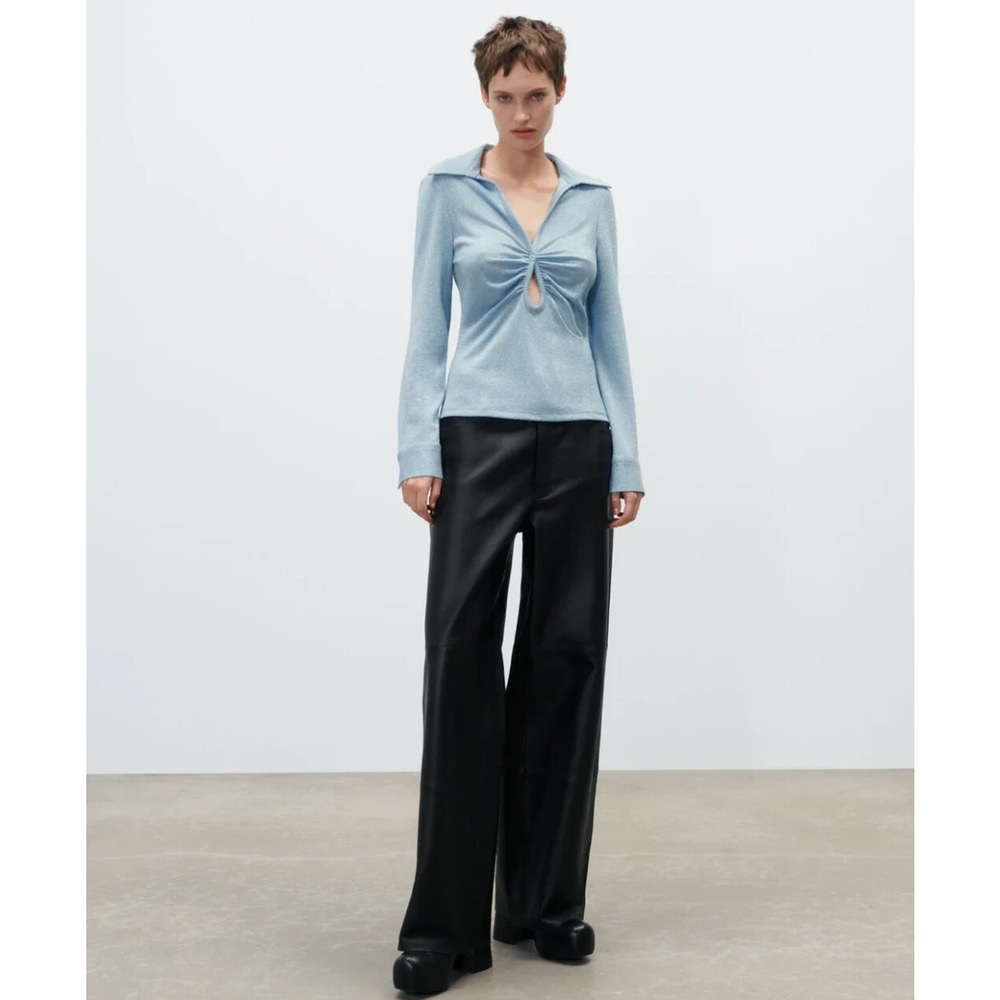 ZARA Blue Metallic Shimmer Ruched Long Sleeve Top Size M NWT Glam Stretch